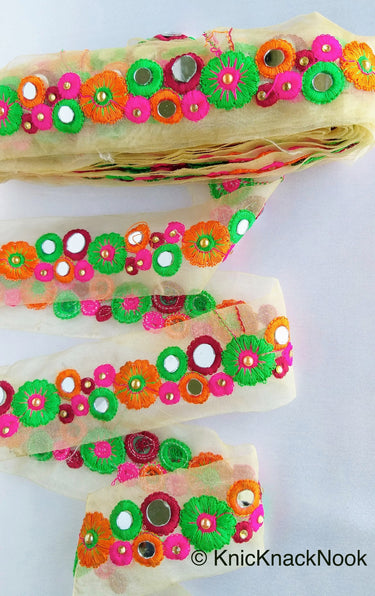 Gold Sheer Tissue Fabric Trim With Gold And Copper Floral Embroidery, Mirror And Beads Embellishments - 210119L492